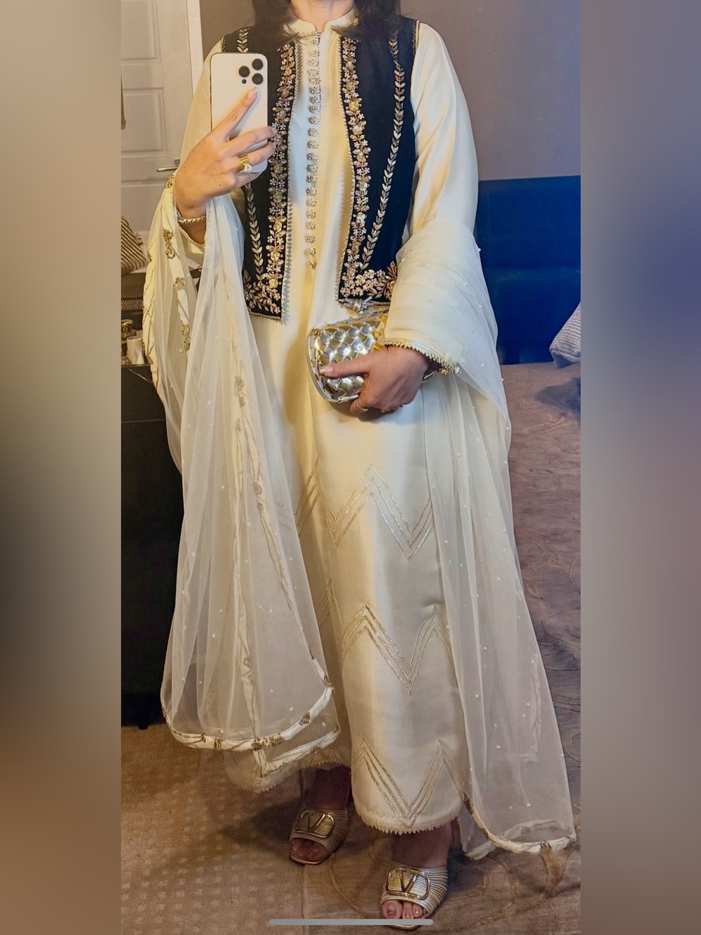 Cream Maxi Dress with Black Embroidered Jacket - Elegant Women's Formal Dress